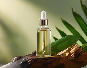 Naklejka premium Textured background with essential oil bottle and leaves, for a sophisticated and artistic feel