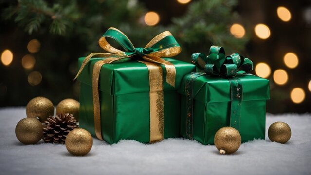 Green Gift With Gold And Green Ribbon