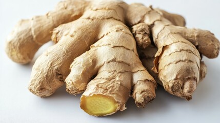 Fototapeta premium Fresh ginger root displayed on a white surface, showcasing its textured skin and cut section.