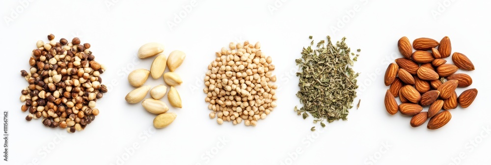 Poster organic ingredients like seeds, nuts, and herbs are displayed neatly on a white background, allowing