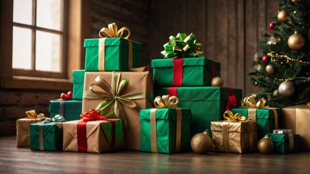 Pile Of Presents With A Green Ribbon On The Top