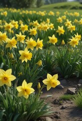 Fototapeta premium A cluster of bright yellow daffodil flowers swaying gently in the breeze amidst a lush green field , daffodils, landscape