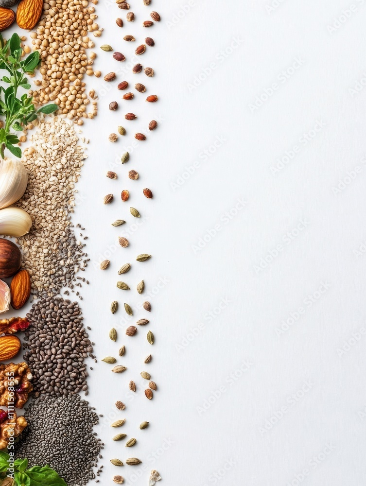 Fototapete Seeds, nuts, and herbs spread out on a white background create an inviting display with ample space for additional text or design elements. Generative AI