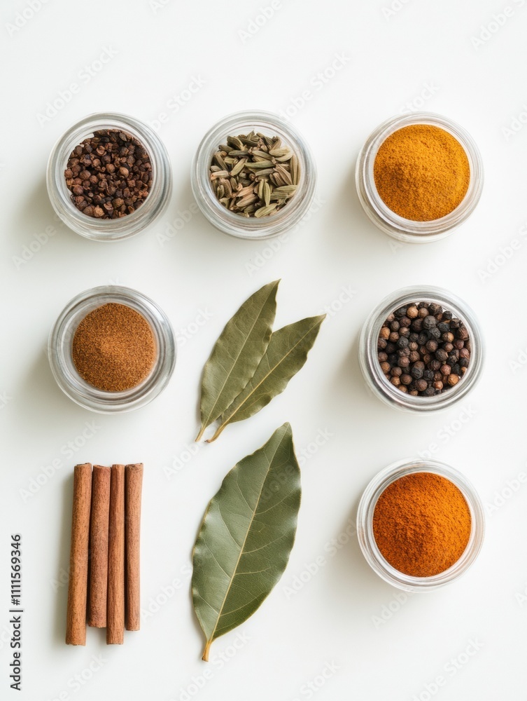 Aufkleber brightly colored spices are displayed in jars alongside bay leaves and cinnamon sticks on a clean wh