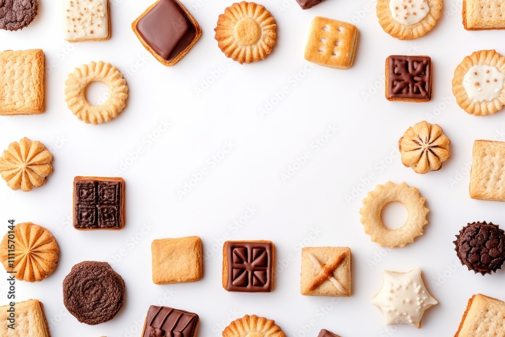 Poster A variety of colorful cookies and sweets are beautifully arranged on a white backdrop, leaving a blank area for custom text or messages. Generative AI
