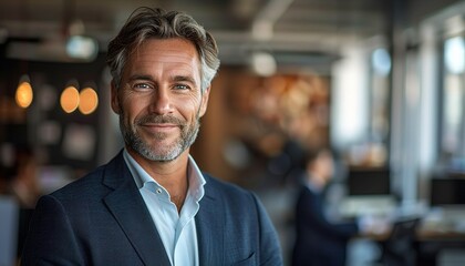 Fototapeta premium smiling mid aged business man executive standing in office, mature confident professional manager, 
