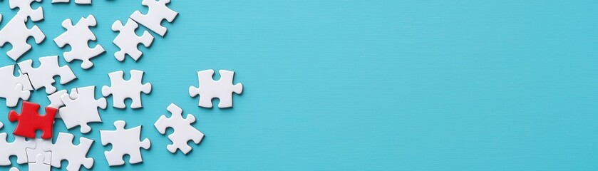 A collection of white puzzle pieces scattered on a blue background, with one red piece standing out, symbolizing uniqueness or the search for a solution.