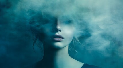 Enigmatic Woman Shrouded in Teal Smoke