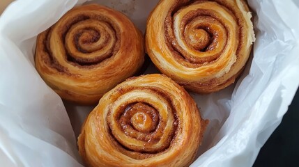 Fototapeta premium Three freshly baked cinnamon rolls in a white bag, showcasing their spiral design.