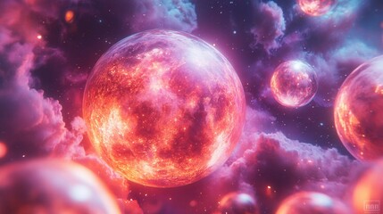 Fototapeta premium A vibrant cosmic scene featuring glowing spheres amidst colorful, nebulous clouds, evoking the beauty of the universe.