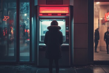 Woman using ATM at night, city background. Illustrates late-night banking or financial transactions.