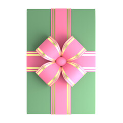 Top view of a beautiful modern green gift box with pink and golden ribbon. Advertisement, xmas gift, Christmas decoration.