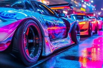 Neon-lit sports cars parked, wet asphalt.