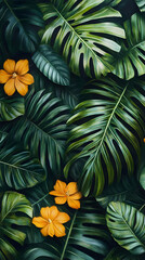 Fototapeta premium Tropical Illustration Lush Greens Orange Blooms