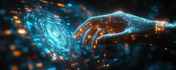 Robot Hand Interacting with Holographic Screen in Futuristic Digital Interface