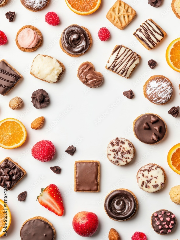 Poster delightful arrangement of various sweets and cookies surrounded by fruits, ideal for creating an ent