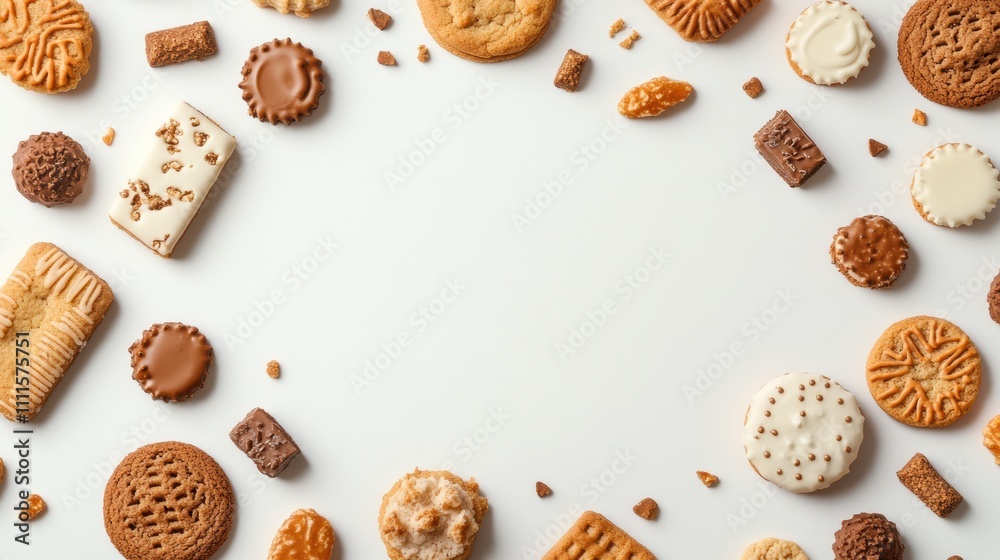 Poster an enticing variety of cookies and sweets is beautifully displayed on a clean white background, crea