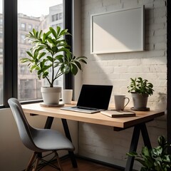 Fototapeta premium A minimalist workspace with natural light, featuring a clean desk setup with a laptop, a coffee mug, and a potted plant, cozy and inspiring design, ultra-HD stock image,png, Generative Ai 