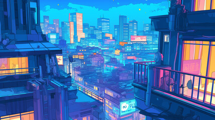 都会ビル群の夜景,背景,アーバン,高層階,星,アニメ,イラスト