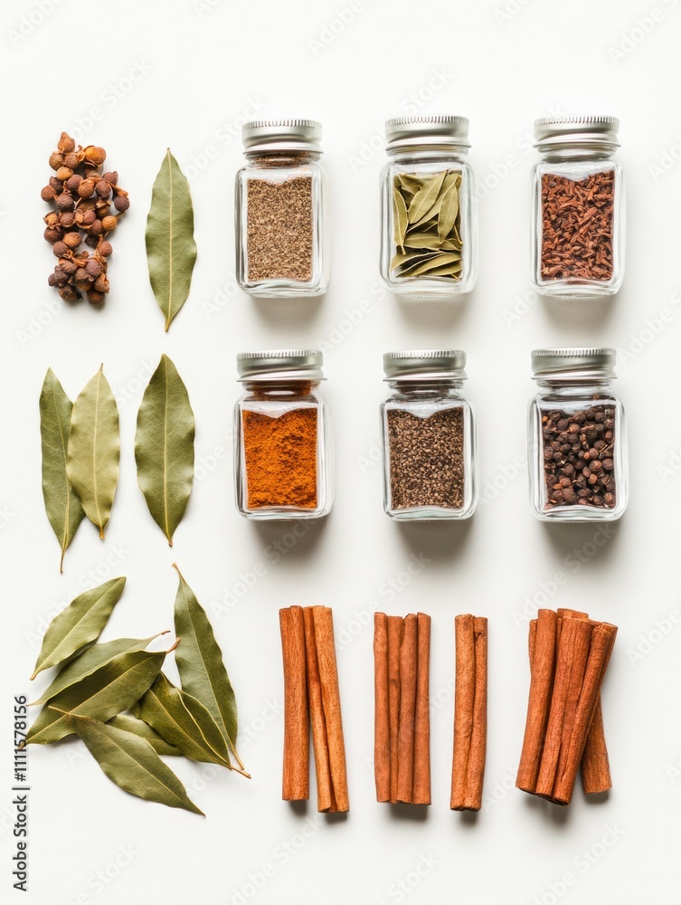 Fototapete Brightly colored spices are organized in small jars alongside fresh bay leaves and cinnamon sticks, creating an aromatic display with space for text. Generative AI