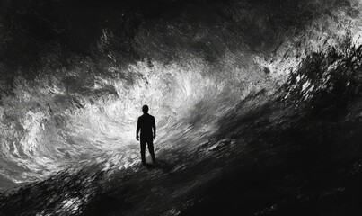 Obraz premium Silhouette confronts immense, turbulent, dark waves.