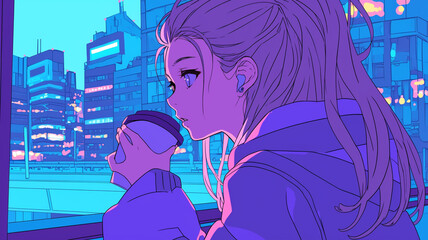 女性と都会ビル群の風景,背景,アーバン,高層階,星,アニメ,イラスト