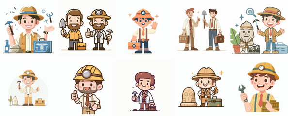 Vector Set of an Archaeologist in a Simple Flat Design Style