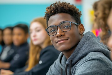 Fototapeta premium Confident Black Teenage Boy in Glasses Smiles in Classroom Setting