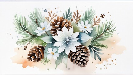 Fototapeta premium A delicate watercolor painting of a rustic bouquet with white flowers, pinecones, and snowflakes, with a subtle background
