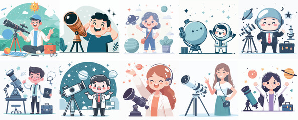 Vector Set of an Astronomer in a Simple Flat Design Style