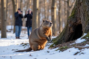 Naklejka premium Groundhog near tree in snowy forest with photographers