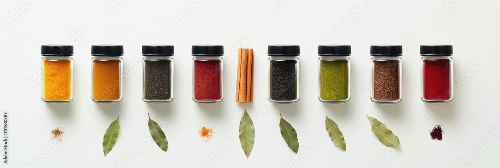 Aufkleber vibrant jars filled with spices sit alongside bay leaves and cinnamon sticks, inviting culinary expl