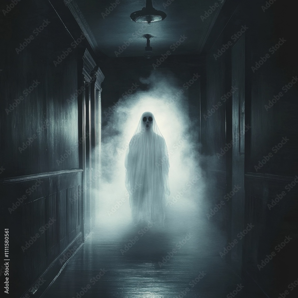 Sticker Ghostly figure in dark hallway, misty atmosphere.