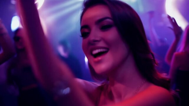 Young beautiful woman dancing sensually in a night club. Close-up portrait. A captivating blend of beauty and rhythm! Enjoy her sensual dance as the night unfolds in the club.