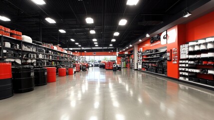 Well-lit auto parts store interior; shelves stocked with various items. Ideal for automotive, retail, or business websites needing a clean, professional image.
