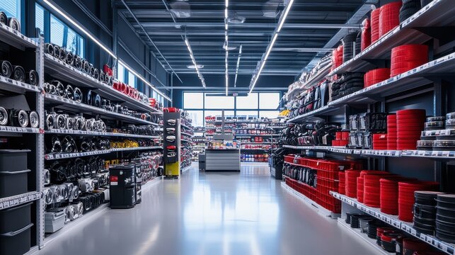 Well-organized auto parts store interior. Shows variety of parts, ideal for retail, automotive, and business concepts.