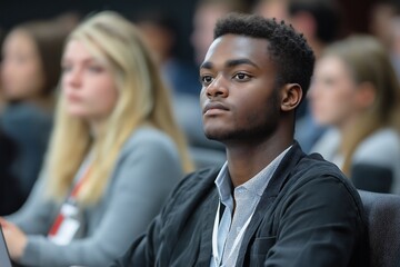Fototapeta premium Attentive Young Man at Conference, Focused Expression