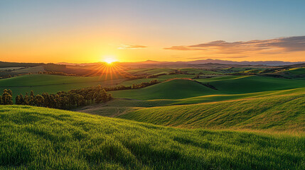 Obraz premium Sunrise over rolling green hills showcasing vibrant landscape in early morning light