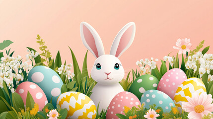 Obraz premium Colorful Easter bunny surrounded by decorated eggs in a spring garden setting