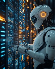 Fototapeta premium Futuristic concept of AI technology streamlining data analysis with glowing charts, robotic assistants, and efficient tools in a hightech workspace, ultrarealistic details