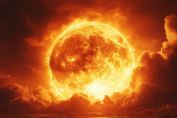Fiery Celestial Body Rising Over Dark Cloudscape