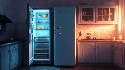 Obraz premium Open Fridge in a Dim Room with Bright Interior Light and Empty Shelves