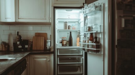 Fototapeta premium Open Fridge in a Dim Room with Bright Interior Light and Empty Shelves