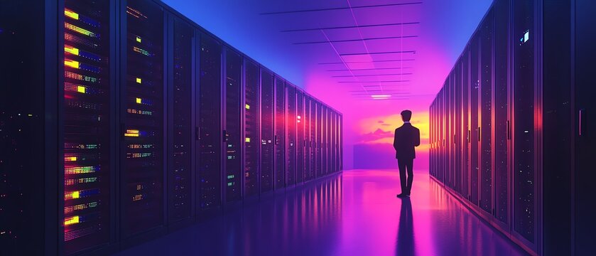 IT professional working in a secure server room, surrounded by illuminated server racks, digital technology tools, and advanced telecommunications systems, ultrarealistic style