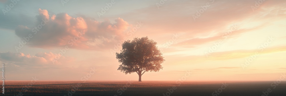 Poster a solitary tree stands in a vast field, illuminated by the warm hues of a sunset, creating a tranqui