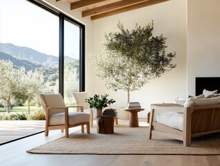 Naklejka premium Modern living room with large windows, olive tree, and neutral furniture.