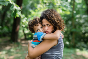 Fototapeta premium In a serene park, a mother holds her visibly frustrated son close, showing a mix of concern and love as she attempts to soothe him amid the surrounding nature