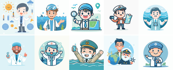 Vector Set of an Oceanographer in a Simple Flat Design Style