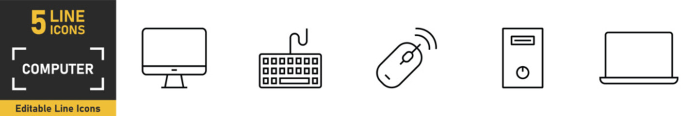 Fototapeta premium Computer line icon set. Set of 5 outline icons related to computer, monitor, keyboard, mouse, laptop and more. Vector illustration.