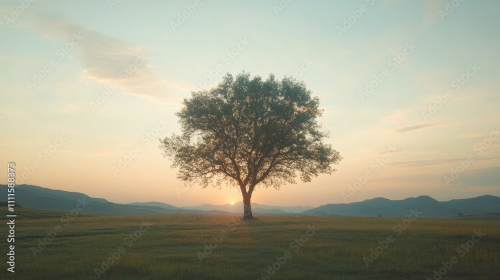 Poster A solitary tree stands tall in an open field as the sun sets, casting a warm glow over the landscape, creating a tranquil atmosphere. Generative AI